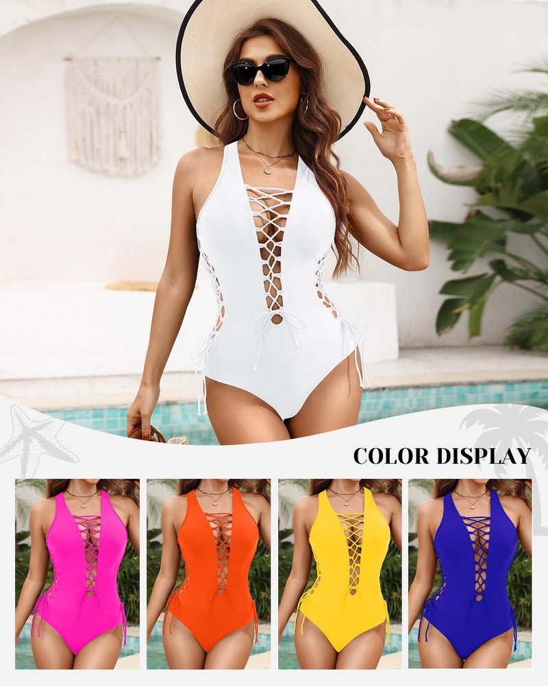 Holipick Women White Sexy One Piece Swimsuit One Shoulder Bathing Suit Lace Up Swimwear Monokini M - Image 4